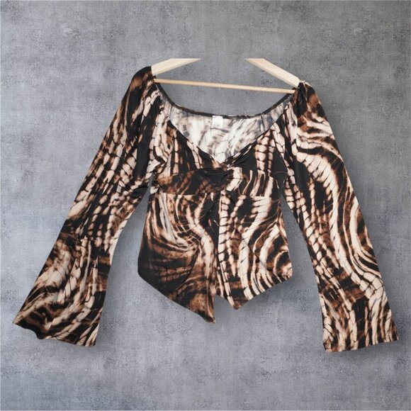Bluebell Brown Swirl Print Mesh Top – Size 1X – Y2K Inspired Bell Sleeve Knot - Picture 3 of 14